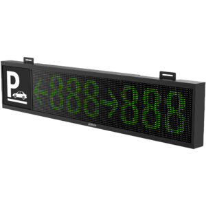 Elektronisches LED-Parkleitsystem mit einem Parkplatzsymbol und angezeigten grünen Pfeilen und Zahlen auf einem schwarzen Gehäuse.