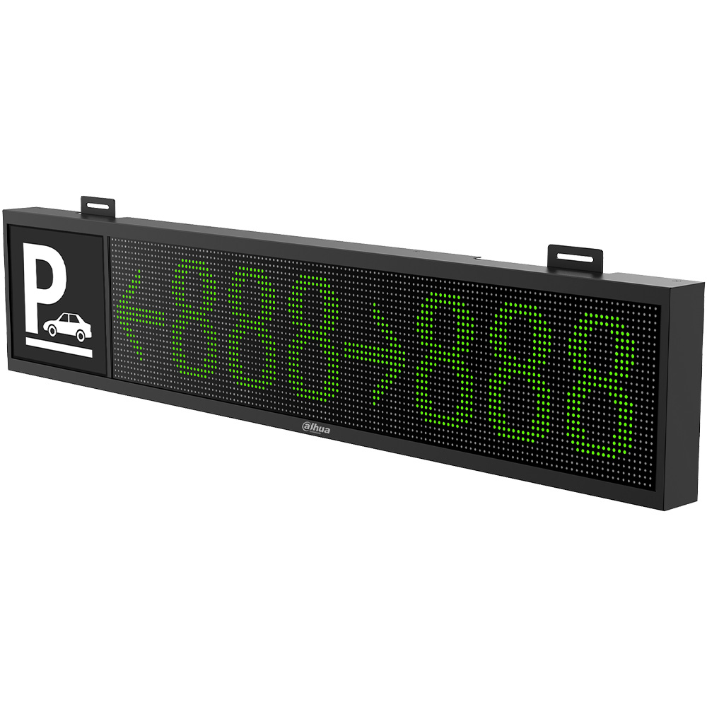 Elektronisches LED-Parkleitsystem mit einem Parkplatzsymbol und angezeigten grünen Pfeilen und Zahlen auf einem schwarzen Gehäuse.