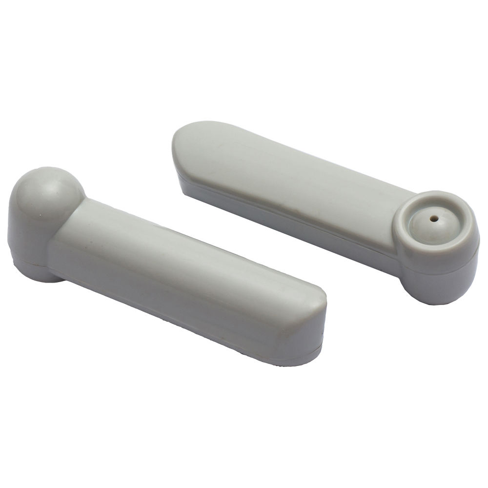 Zwei graue, längliche Kunststoffgriffe mit runder Verdickung an einem Ende, auf einem weißen Hintergrund dargestellt.