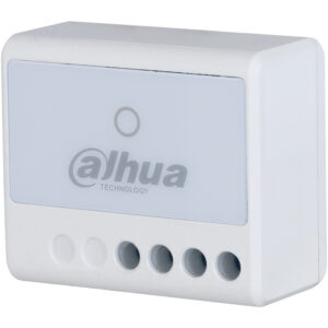 Ein rechteckiges, weißes Gerät von Dahua Technology mit mehreren runden Anschlüssen an der Unterseite und einem Kreis auf der Vorderseite.