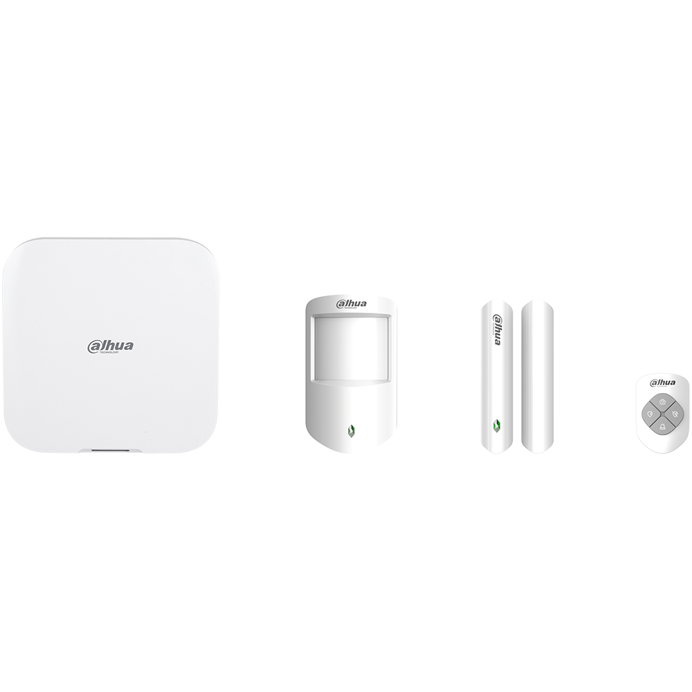 Dahua Sicherheitssystem mit einer Basisstation, einem Bewegungsmelder, einem Türsensor und einer Fernbedienung.