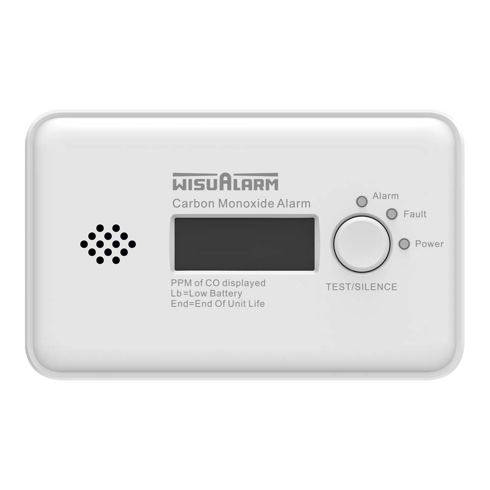 Ein Kohlenmonoxid-Melder mit der Aufschrift "WisuAlarm", einem Display zur Anzeige von CO-Konzentration in PPM, LED-Anzeigen für Alarm, Fehler und Stromversorgung sowie einer Test-/Stummschalttaste.