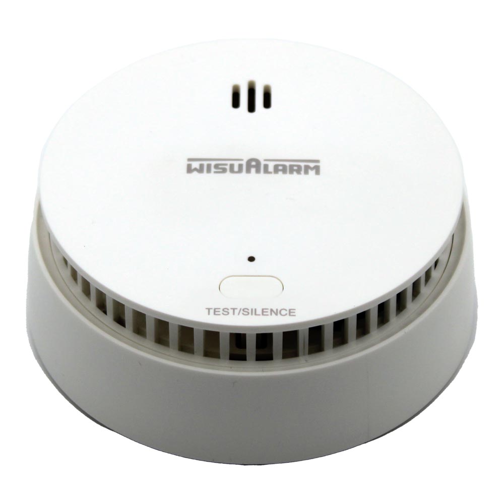 Ein weißer Rauchmelder der Marke Wisualarm mit einem Test-Stille-Schalter auf der Vorderseite.