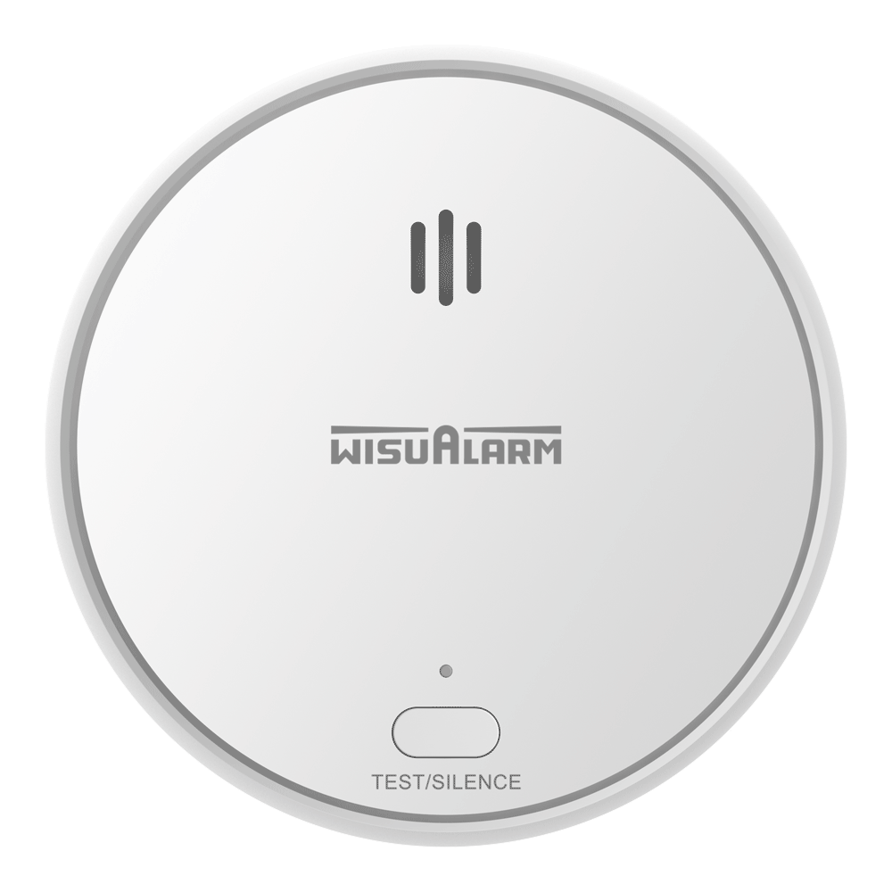 Runder Rauchmelder mit dem Aufdruck 'WISUALARM' und einem Test/Stummschaltknopf am unteren Rand.
