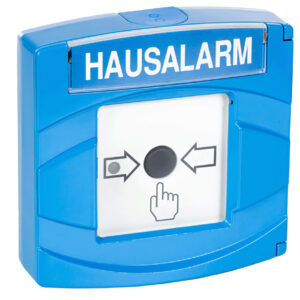 Ein blauer Hausalarmknopf mit der Aufschrift 'HAUSALARM' und einem zentralen schwarzen Druckknopf, der von zwei Pfeilen und einer Fingerikone umgeben ist.