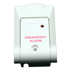Notfallalarm in weiß mit rotem Schriftzug 'EMERGENCY ALARM', kleinem roten Licht und Marke 'SENTROL'.