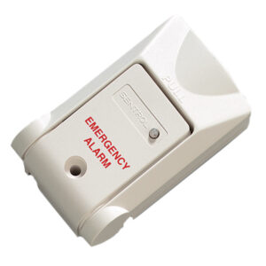 Notfallalarmgerät mit einem roten Aufdruck 'EMERGENCY ALARM' und einer Zugtaste an der Oberseite.