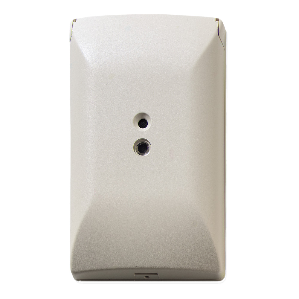 Graues elektrisches Gerät mit zwei Öffnungen in der Mitte, möglicherweise ein Sensor oder Detektor.