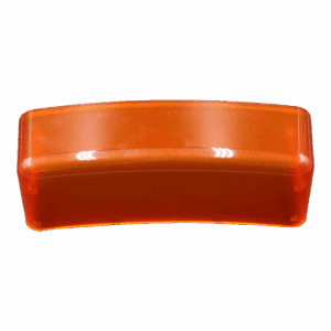 Eine orangefarbene, gebogene Kunststoffschachtel mit transparentem Deckel.