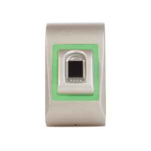 Ein silbernes Fingerabdruckerkennungsgerät mit einem grünen Rahmen um den Sensor.