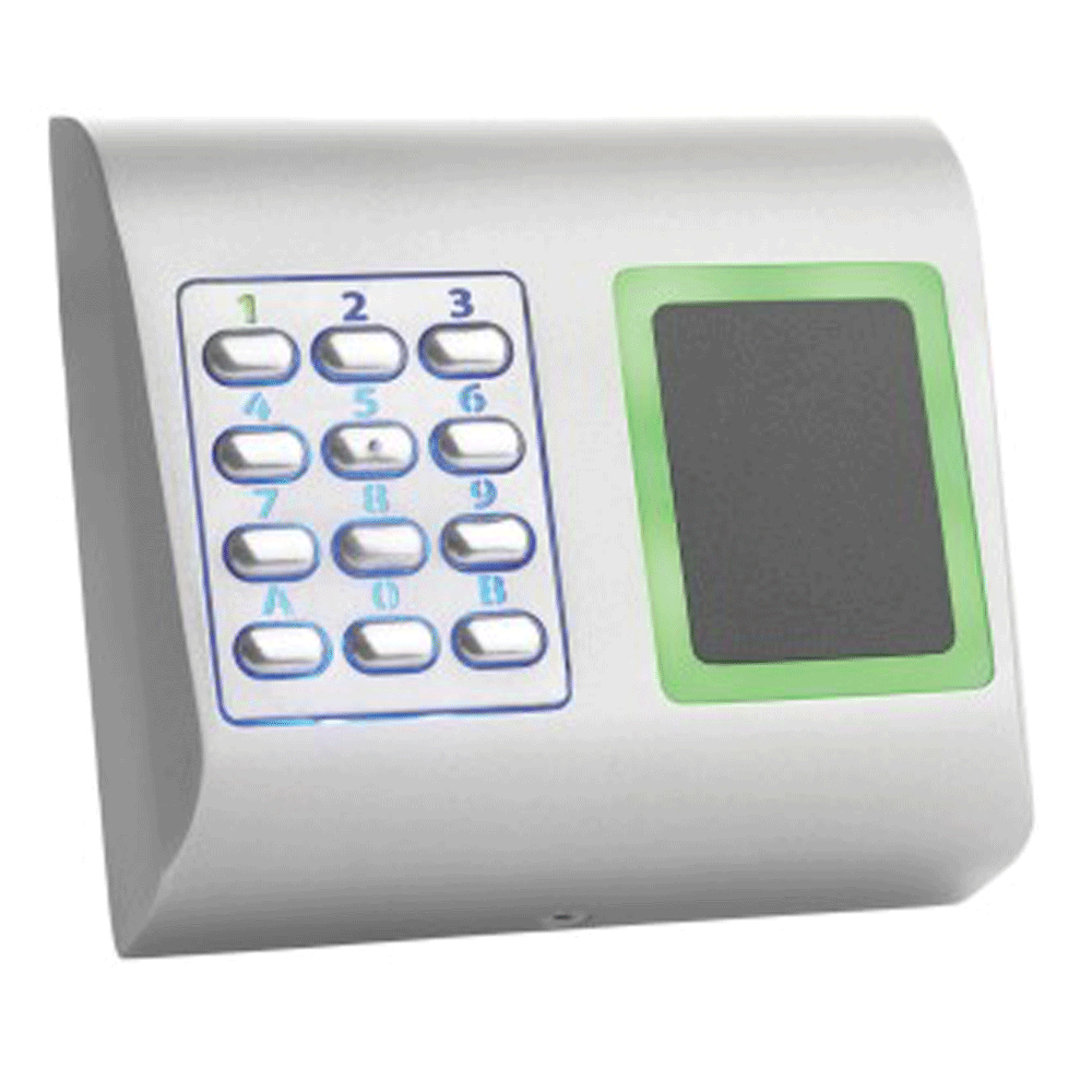 Ein silbernes Zugangskontrollsystem mit einem numerischen Tastenfeld und einem rechteckigen Kartenleser.