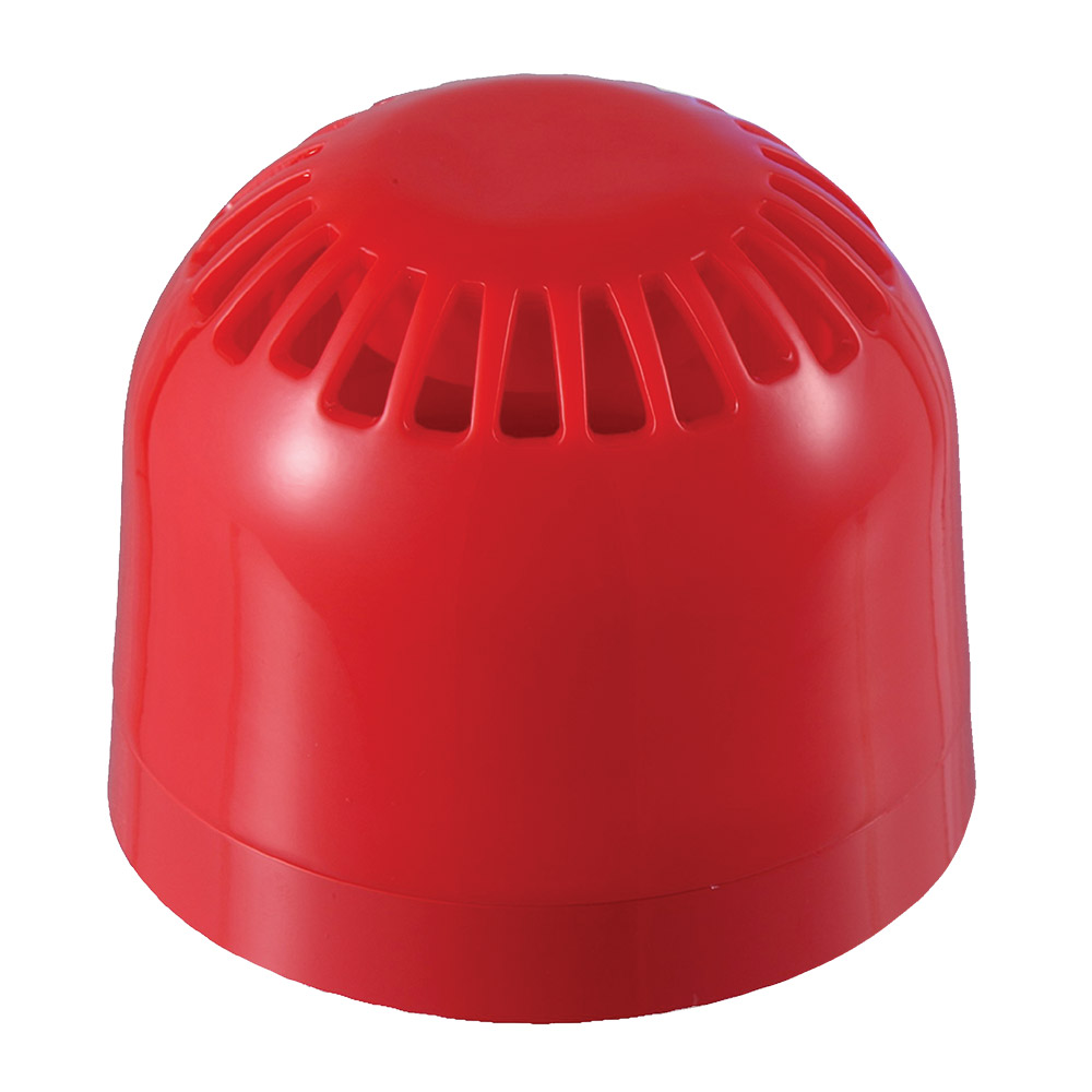 Ein roter elektrischer Feuersignalgeber mit runder Kuppel und Lüftungsschlitzen.