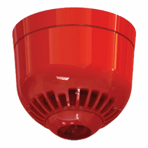Ein roter Feuermelder oder Brandschutzgerät mit einem runden, kuppelförmigen Design und Lüftungsschlitzen am unteren Rand.