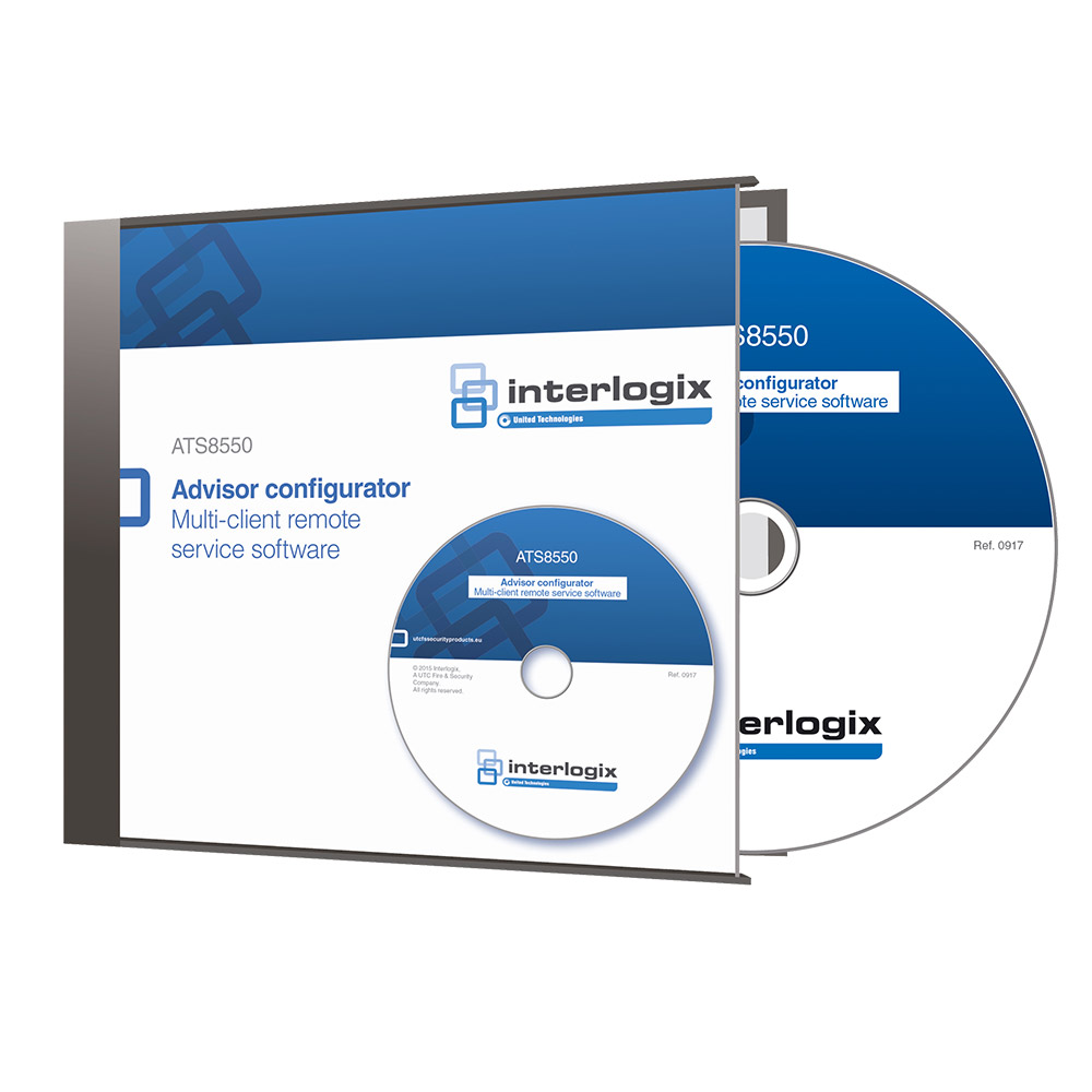 Eine Software-CD mit Hülle für 'Interlogix Advisor Configurator', spezifiziert als ATS8550 Multi-Client Remote Service Software.