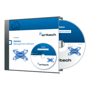 Hülle und CD der Aritech ATS8600 Advisor Management Software, mit blau-weißem Design und Symbolen für Einbruch, Video, Feuer und Zugang.