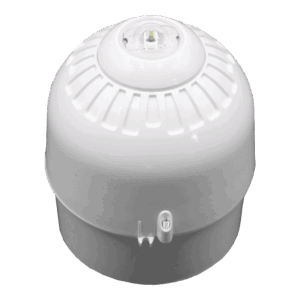 Ein weißer LED-Deckenalarm mit runder, kuppelförmiger Abdeckung und kleinen Lüftungsschlitzen, vorgesehen für die Deckenmontage in Innenräumen.