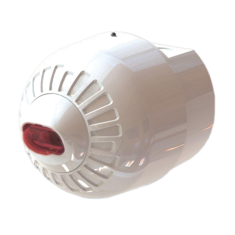 Runder, weißer Rauchmelder mit rotem Sensor und Lüftungsschlitzen an der Seite.