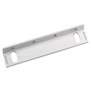 Metallene Montageplatte mit länglicher rechteckiger Form, mehreren Schrauböffnungen und abgerundeten Kanten, geeignet für Türbefestigung oder Rahmeninstallation.