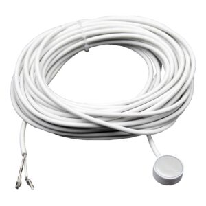 Langes weißes Kabel mit einem runden Sensor an einem Ende und abisolierten Kabelenden am anderen Ende.