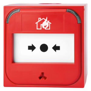 Roter Brandmelder mit einem Symbol von einem brennenden Haus und einem schwarzen Punkt, umgeben von zwei Pfeilen, auf weißem Hintergrund.