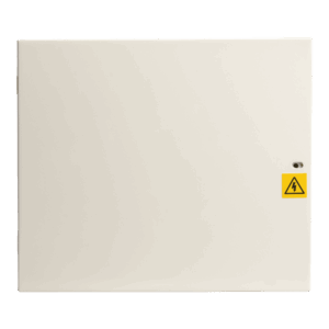 Ein rechteckiger, beiger Sicherungskasten mit einem gelben Warnsymbol für elektrische Spannung in der unteren rechten Ecke.