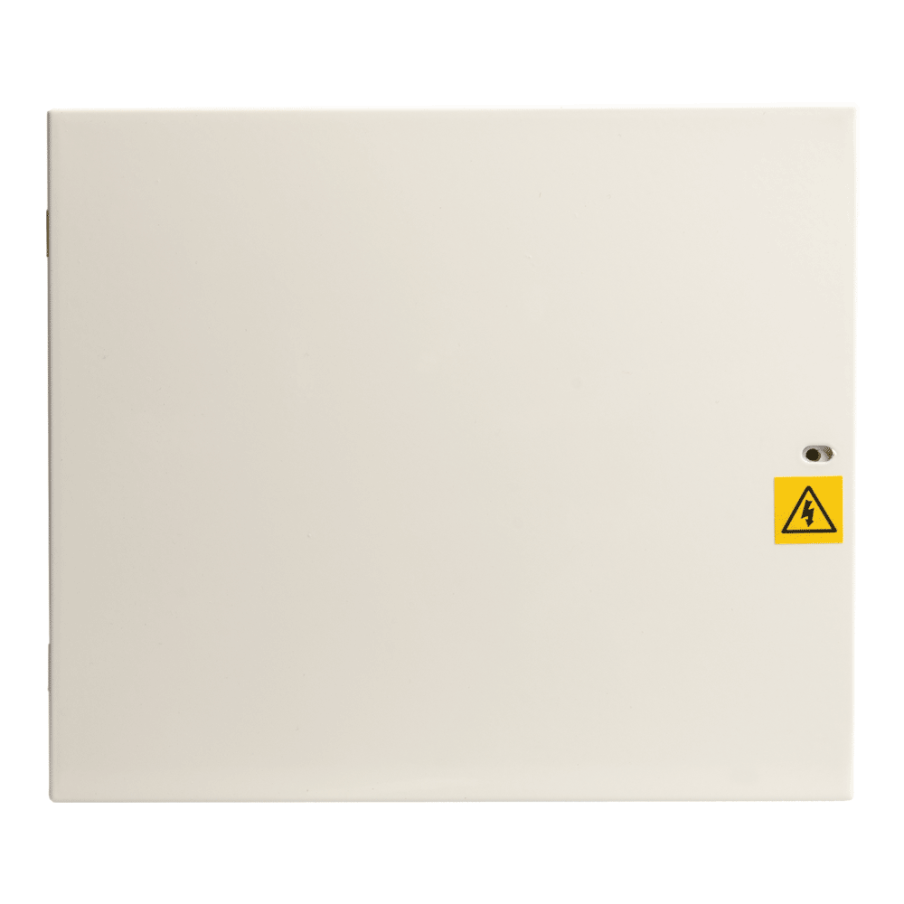 Ein rechteckiger, beiger Sicherungskasten mit einem gelben Warnsymbol für elektrische Spannung in der unteren rechten Ecke.