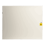 Weiße Metallverkleidung mit einem kleinen gelben Warnzeichen für Elektrizität in der rechten unteren Ecke.