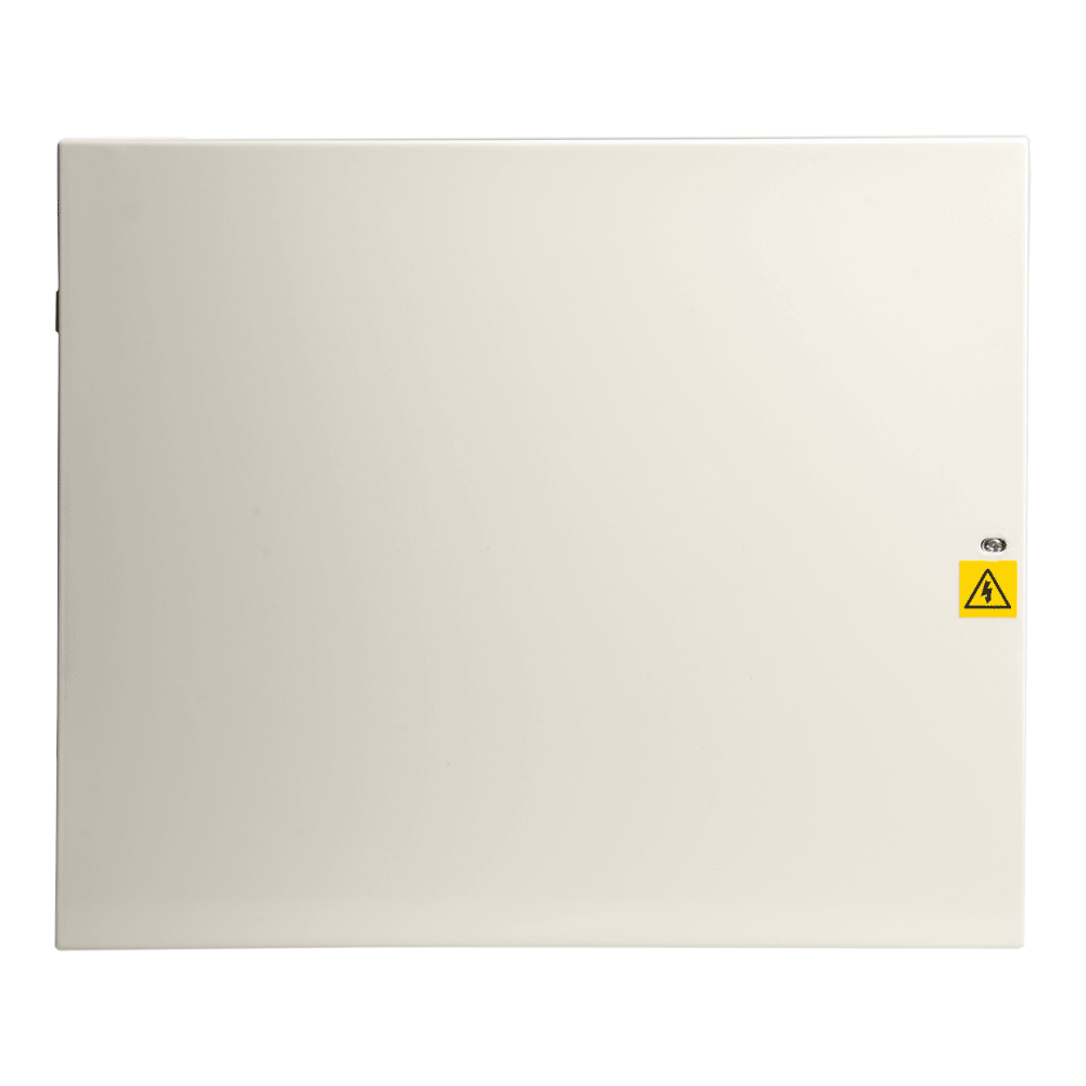 Weiße Metallbox mit einer kleinen gelben Warnung für Hochspannung an der rechten Seite.