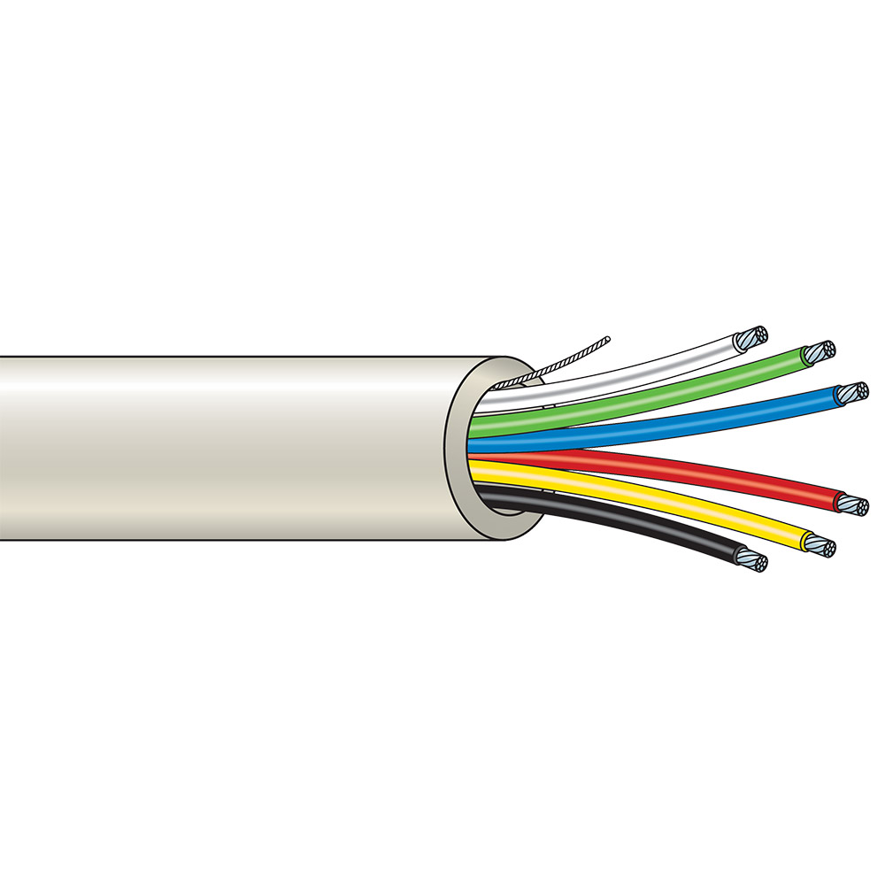 Darstellung eines Kabels mit mehreren farbigen Leitungen, darunter grüne, blaue, rote, gelbe und schwarze Drähte, die aus einem grauen Außengehäuse herausragen.