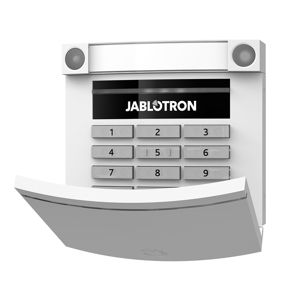 Ein weißes Alarmanlagen-Bedienfeld der Marke Jablotron mit einer numerischen Tastatur und zwei kleinen Lautsprecheröffnungen oben.