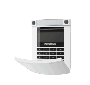 Ein modernes Sicherheitstastaturgerät mit einem Bildschirm und Tastenfeld der Marke Jablotron, ausgestattet mit einem schwenkbaren Deckel, vermutlich zur Abdeckung des Keypads.