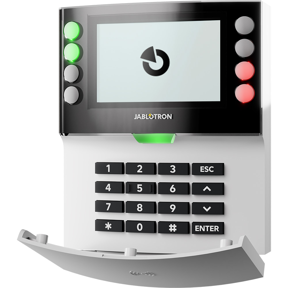Ein modernes Sicherheitssystem-Bedienfeld mit digitalem Bildschirm, numerischer Tastatur und farbigen LED-Anzeigen.