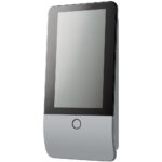 Touchscreen-Kiosk mit einem glatten, modernen Design und einem großen Display über einer abgerundeten Basis.