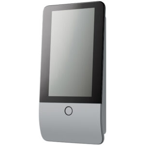 Touchscreen-Kiosk mit einem glatten, modernen Design und einem großen Display über einer abgerundeten Basis.