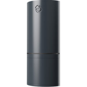 Ein dunkelgrauer, zylindrischer Elektroheizer mit einem schlichten, modernen Design und einem Markenlogo oben.