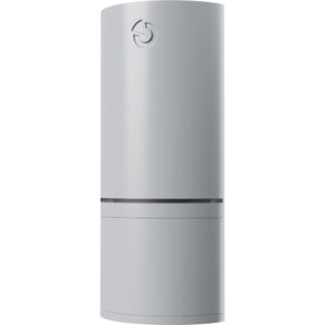 Grauer, zylindrischer Kühlschrank mit minimalistischem Design und einem kleinen Symbol im oberen Bereich der Tür.