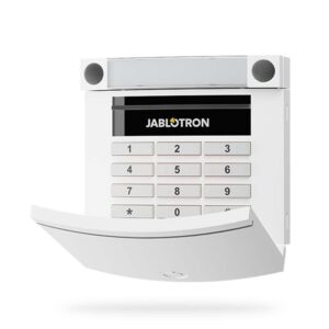 Weiße Alarmanlagen-Bedienungseinheit mit Tastenfeld und dem Logo "Jablotron" über dem Tastenfeld.