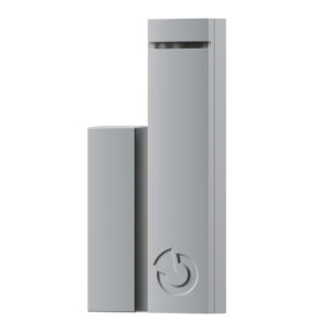 Grauer, moderner Tür- oder Fenstersensor mit rechteckigem Design und einem symbolischen Logo auf der unteren Hälfte.