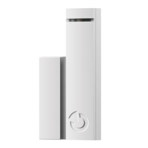 Ein weißer, rechteckiger Sensor mit einem kleineren rechteckigen Teil daneben, ausgestattet mit einem schmalen horizontalen Schlitz oben und einem kreisförmigen Symbol auf der Vorderseite.