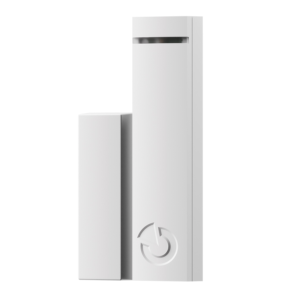 Ein weißer, rechteckiger Sensor mit einem kleineren rechteckigen Teil daneben, ausgestattet mit einem schmalen horizontalen Schlitz oben und einem kreisförmigen Symbol auf der Vorderseite.