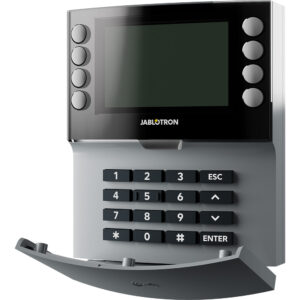 Ein modernes Bedienterminal mit Display, Tasten und Klappabdeckung, verwendet zur Steuerung von Sicherheits- oder Haustechniksystemen.