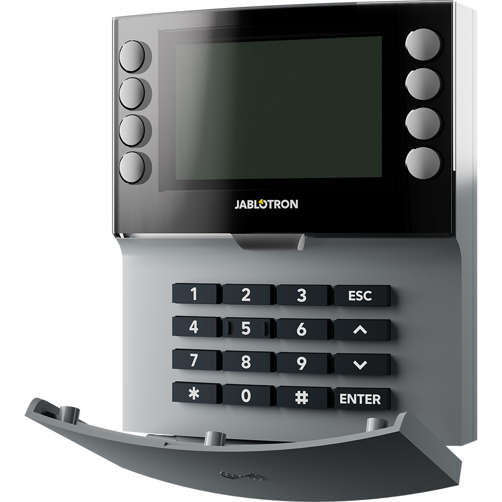 Ein modernes Bedienterminal mit Display, Tasten und Klappabdeckung, verwendet zur Steuerung von Sicherheits- oder Haustechniksystemen.