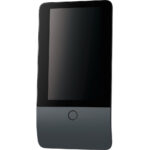 Ein schwarzes elektronisches Gerät mit einem großen Bildschirm und einem runden Knopf unten auf der Vorderseite.