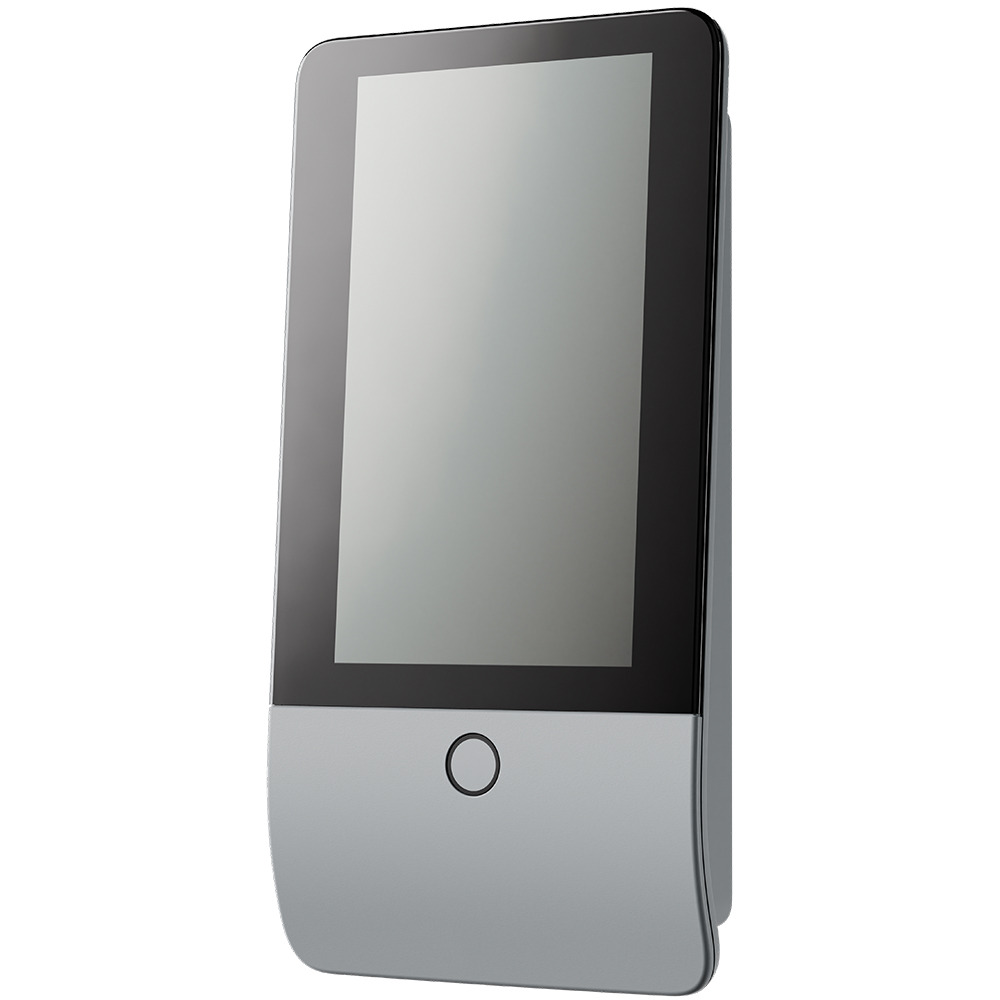 Ein schlanker, moderner Digitalbildschirm mit einem schwarzen Rahmen und einer silbernen Unterseite, die leicht gebogen ist.