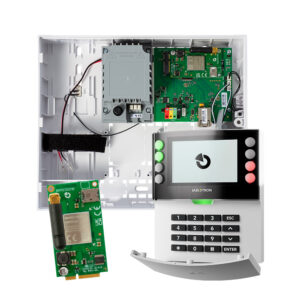 Ein geöffnetes Sicherheitssystem mit einer elektronischen Hardware-Platine im Inneren und einem separaten Bedienfeld mit Tastatur und Display.