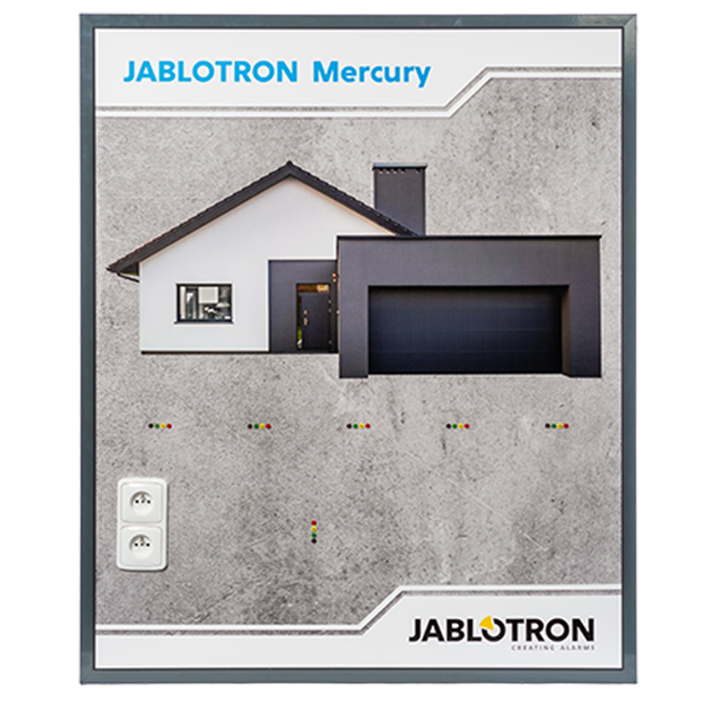Ein Werbeplakat für JABLOTRON Mercury mit einem Bild eines modernen Hauses und dem JABLOTRON-Logo in der Ecke.