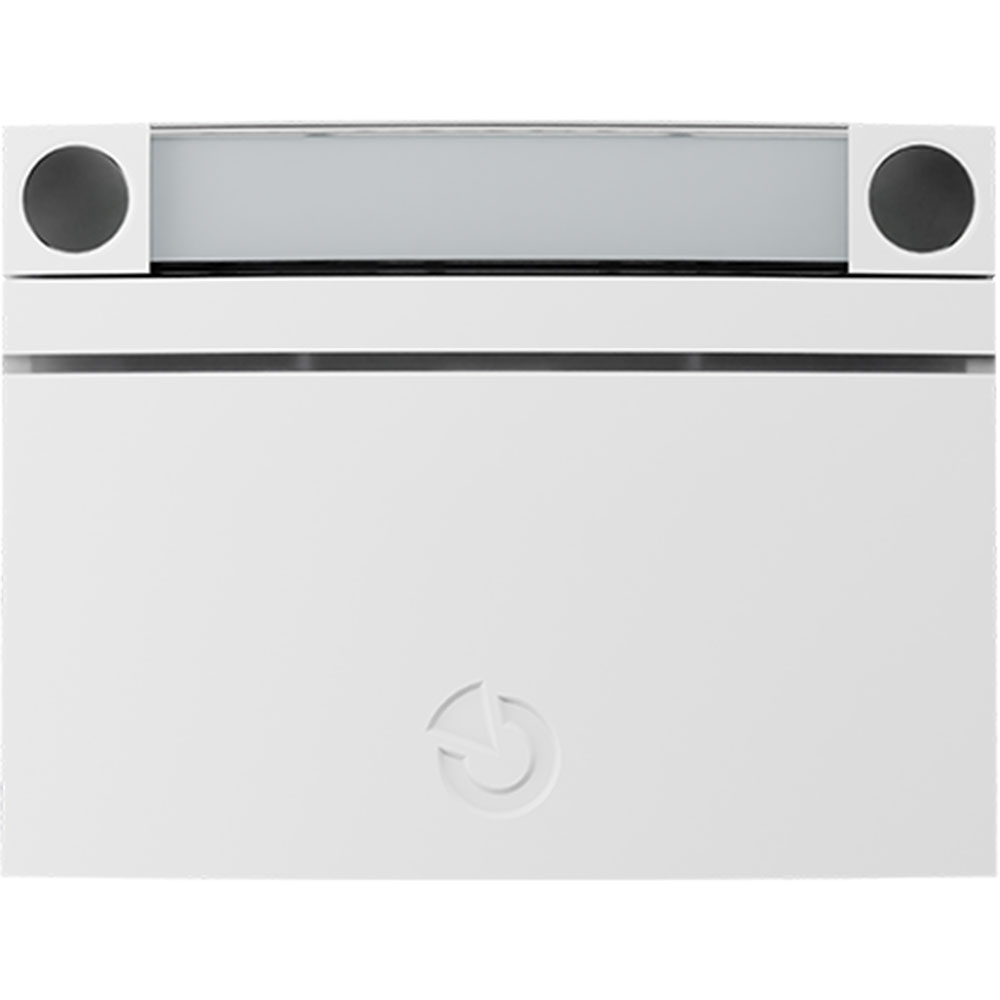 Weißer, rechteckiger Küchenlüfter mit schwarzem Lüftungsgitter und abgerundeten Ecken.