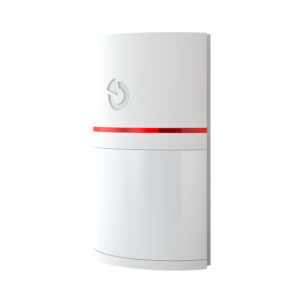 Ein weißer, wandmontierter Sensor mit einem roten Lichtstreifen in der Mitte und einem runden Logo oben links auf der Oberfläche.