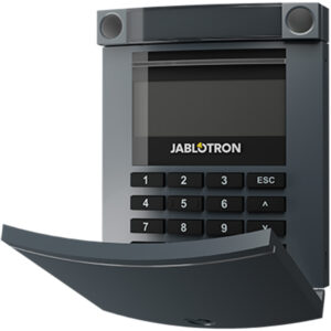Schwarzes Sicherheitstastatur von Jablotron mit Bildschirm, Bedientasten und abgerundetem Schutzdeckel.