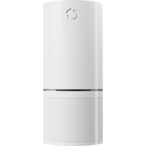 Ein weißer, zylindrischer Turmventilator mit einem einfachen, modernen Design und einem kleinen Logo oben auf der Vorderseite.